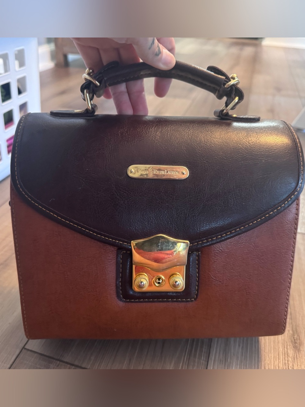 Ralph Lauren Two-Tone Brown Leather Satchel with Gold Hardware